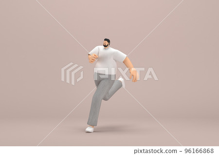 The man with beard wearinggray corduroy pants and white collar t-shirt.  He is running. 3d rendering of cartoon character in acting. 96166868