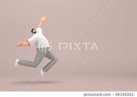 The man with beard wearinggray corduroy pants and white collar t-shirt.  He is jumping. 3d rendering of cartoon character in acting. 96166882