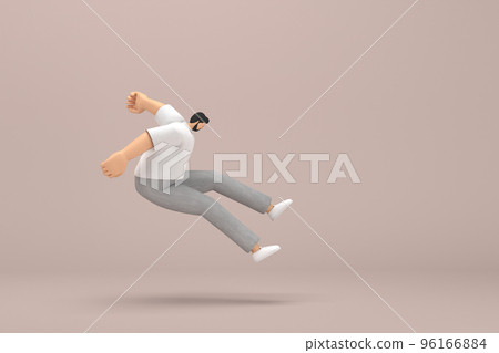 The man with beard wearinggray corduroy pants and white collar t-shirt.  He is jumping. 3d rendering of cartoon character in acting. 96166884
