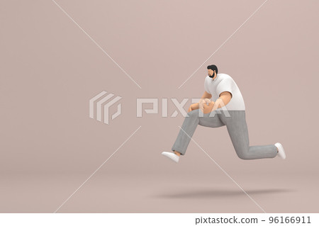 The man with beard wearinggray corduroy pants and white collar t-shirt.  He is running. 3d rendering of cartoon character in acting. 96166911
