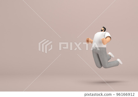 The man with beard wearinggray corduroy pants and white collar t-shirt.  He is jumping. 3d rendering of cartoon character in acting. 96166912