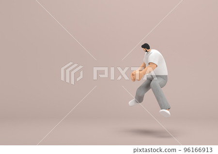 The man with beard wearinggray corduroy pants and white collar t-shirt.  He is jumping. 3d rendering of cartoon character in acting. 96166913