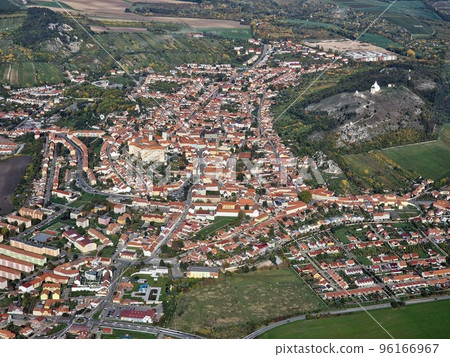 Mikulov. Aerial View of Old Town Castle and Powder Tower in Mikulov, Czech Republic, Europe. Mikulov. Aerial View of Old Town Castle and Powder Tower in Mikulov, Czech Republic, Europe. 96166967