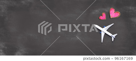 Flights booking and reservation theme with airplane and hearts Flights booking and reservation theme with airplane and hearts 96167169