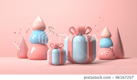 Christmas gift boxes with trees and candy canes - 3D Christmas gift boxes with trees and candy canes - 3D 96167207