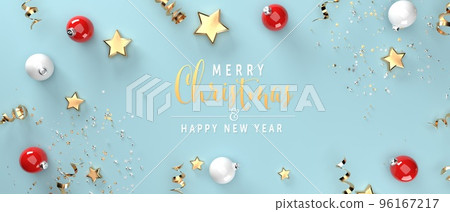 Christmas border - baubles and stars - 3D render Christmas border - baubles and stars - 3D render 96167217