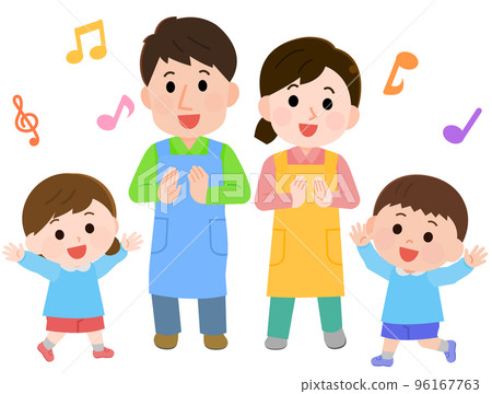Illustration of a nursery school child and a nursery teacher happily dancing in a game Illustration of a nursery school child and a nursery teacher happily dancing in a game 96167763
