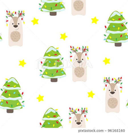 Christmas pattern. Green Christmasr tree with snow, stars, garlands and Christmas deer 96168160