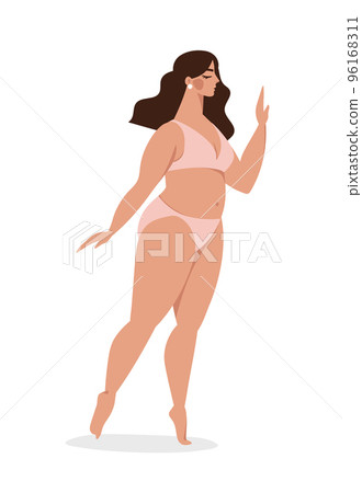 Plus size woman in lingerie, concept of health and love for your body. Illustration for beautician, spa, depilation, fitness. Flat vector illustration. 96168311