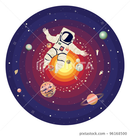 Spaceman flying among stars and planets 96168500