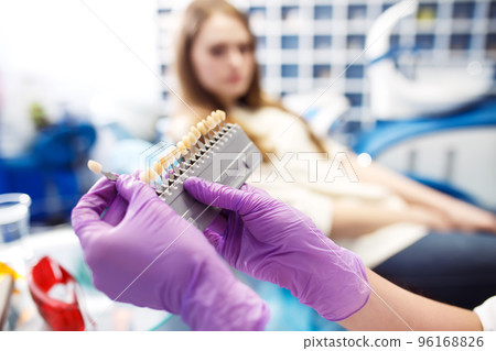 Beautiful european woman smile with healthy teeth whitening. Dental care concept. Various shades of tone 96168826