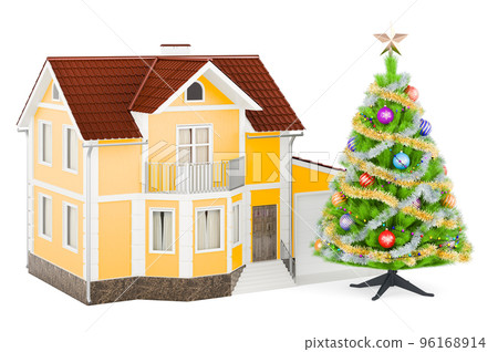 Christmas tree and house, 3D rendering Christmas tree and house, 3D rendering 96168914