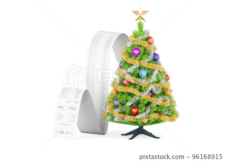 Christmas Tree with long receipt. 3D rendering. Christmas sale and shopping concept. 3D rendering Christmas Tree with long receipt. 3D rendering. Christmas sale and shopping concept. 3D rendering 96168915