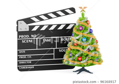 Clapperboard with Christmas tree. Christmas Movies concept. 3D rendering Clapperboard with Christmas tree. Christmas Movies concept. 3D rendering 96168917
