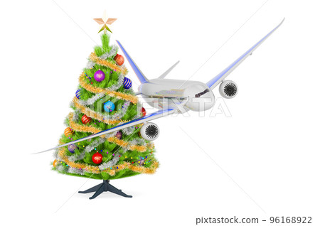 Plane with Christmas tree. Christmas holidays concept. 3D rendering Plane with Christmas tree. Christmas holidays concept. 3D rendering 96168922