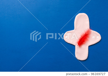 set of colorful bright reusable menstrual pads. zero waste woman periods concept top view with copy space set of colorful bright reusable menstrual pads. zero waste woman periods concept top view with copy space 96169727