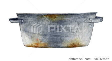 Metal trough vintage style illustration. Hand drawn old basin element watercolor image. Metal vintage style tray with rust. Household and farm equipment. White background 96169856