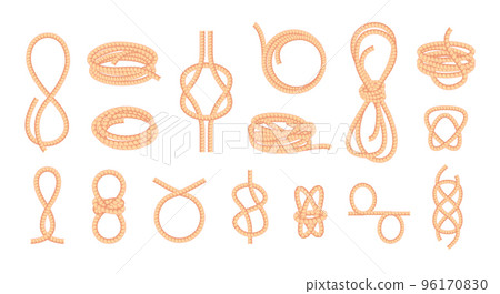 Knotted ropes. Looped bowknot twisted curve straight fiber thread, braided cord knot string tie elements cartoon flat style. Vector isolated collection Knotted ropes. Looped bowknot twisted curve straight fiber thread, braided cord knot string tie elements cartoon flat style. Vector isolated collection 96170830