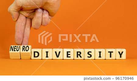 Diversity or neurodiversity symbol. Concept words Diversity and Neurodiversity on wooden cubes. Doctor hand. Beautiful orange background. Medical diversity or neurodiversity concept. Copy space. Diversity or neurodiversity symbol. Concept words Diversity and Neurodiversity on wooden cubes. Doctor hand. Beautiful orange background. Medical diversity or neurodiversity concept. Copy space. 96170946