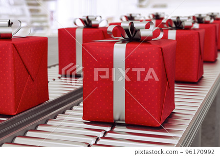 Christmas gift boxes on conveyor rollers ready to be shipped by courier for distribution Christmas gift boxes on conveyor rollers ready to be shipped by courier for distribution 96170992