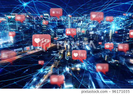 Fast internet connection in the city at night. Concept of social network, technology and innovation Fast internet connection in the city at night. Concept of social network, technology and innovation 96171035