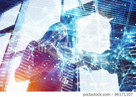 Network background concept with business people silhouette. Double exposure and network effects 96171107