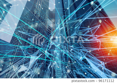 Fast connection in the city at night. Abstract technology background Fast connection in the city at night. Abstract technology background 96171112