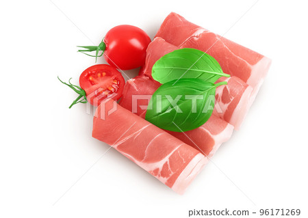 Italian prosciutto crudo or spanish jamon. Raw ham isolated on white background with full depth of field. Top view. Flat lay 96171269