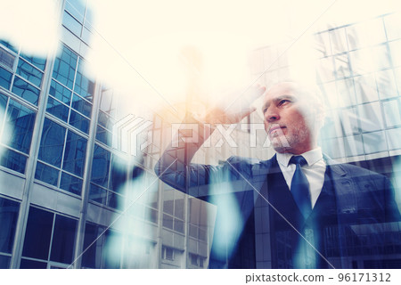 Business boss look far. Concept of future, success, determination, achievement. Double exposure 96171312
