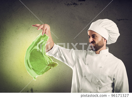 Chef with radioactive and contaminated meat steak. Concept of pollution, unhealthy and harmfulness Chef with radioactive and contaminated meat steak. Concept of pollution, unhealthy and harmfulness 96171327