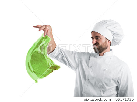 Chef with radioactive and contaminated meat steak. Concept of pollution, unhealthy and harmfulness 96171330