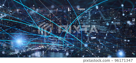Fast connection in the city at night. Concept of social network and internet network Fast connection in the city at night. Concept of social network and internet network 96171347