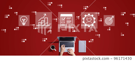 Project management theme with person working with laptop Project management theme with person working with laptop 96171430