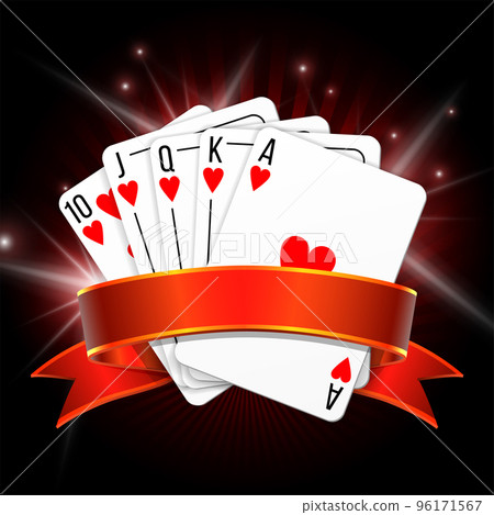 Set of four ace playing cards suits with red ribbon. Set of four ace playing cards suits with red ribbon. 96171567