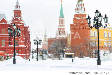 Moscow in winter, Russia. Scenery of Manezhnaya Square under snow Moscow in winter, Russia. Scenery of Manezhnaya Square under snow 96171575