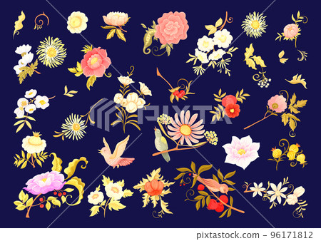 Fantasy flowers and birds in retro, vintage, jacobean embroidery style.  96171812