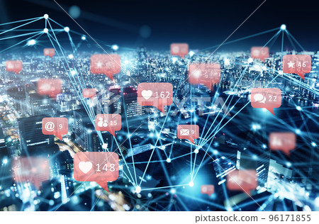 Internet network of a city with social network icon, heart, messages, emails 96171855