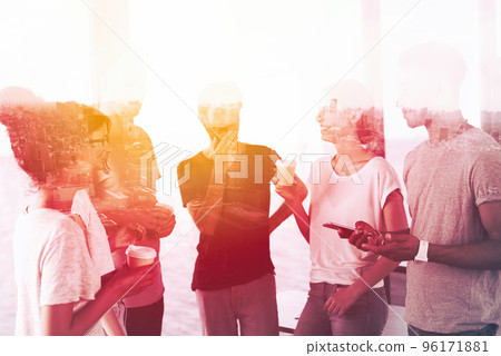 Concept background with business people silhouette working in the office. Double exposure 96171881