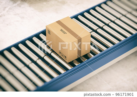 Cardboard boxes on conveyor rollers ready to be shipped by courier for distribution Cardboard boxes on conveyor rollers ready to be shipped by courier for distribution 96171901