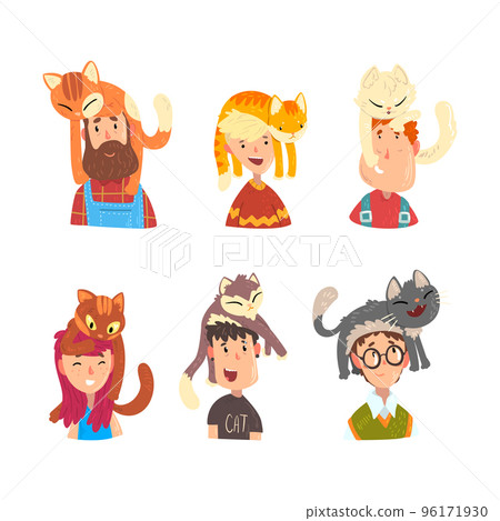People with Funny Cats Sitting on Their Heads Vector Set 96171930