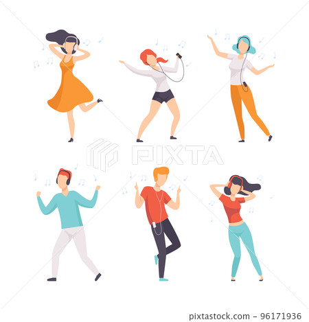 Happy Young People Characters Wearing Headphones and Earphones Listening to Music Vector Set Happy Young People Characters Wearing Headphones and Earphones Listening to Music Vector Set 96171936