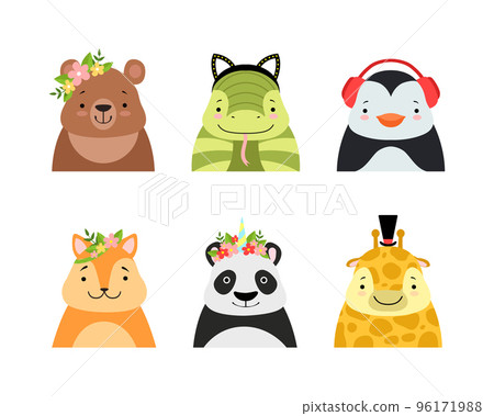 Cute Baby Animals with Smiling Snouts Wearing Headdress Vector Set 96171988