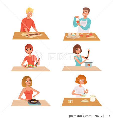 People Characters Cooking and Preparing Food at Home at Kitchen Table Vector Set People Characters Cooking and Preparing Food at Home at Kitchen Table Vector Set 96171993