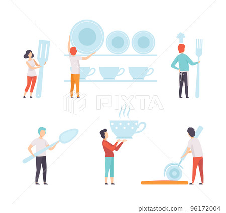 People Characters Holding Giant Kitchen Tools Engaged in Cooking and Food Preparation Vector Set 96172004