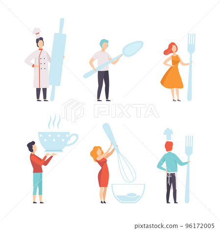 People Characters Holding Giant Kitchen Tools Engaged in Cooking and Food Preparation Vector Set People Characters Holding Giant Kitchen Tools Engaged in Cooking and Food Preparation Vector Set 96172005