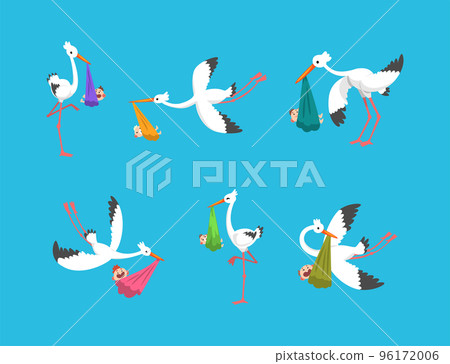 Stork Carrying Newborn Babies Wrapped in Napkin Vector Set Stork Carrying Newborn Babies Wrapped in Napkin Vector Set 96172006