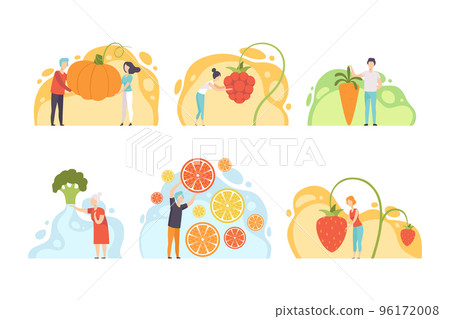 People Characters Harvesting Huge Vegetables and Fruits from Garden Vector Set 96172008