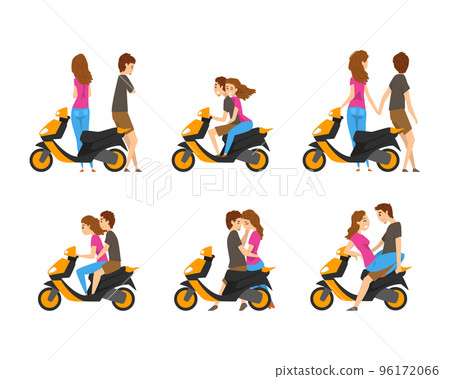 Loving Couple Riding Scooter and Spending Time Together Vector Set Loving Couple Riding Scooter and Spending Time Together Vector Set 96172066