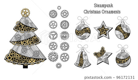 Set of gears, christmas tree, ball, star, bell in steampunk style 96172131