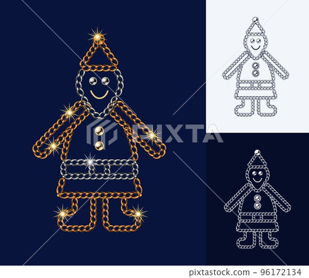 Santa Claus character icon made of jewelry silver, bronze chains, shiny ball beads. Elegant illustration for winter sales, Xmas, new year holiday, gift decoration. Monochrome black and white version 96172134